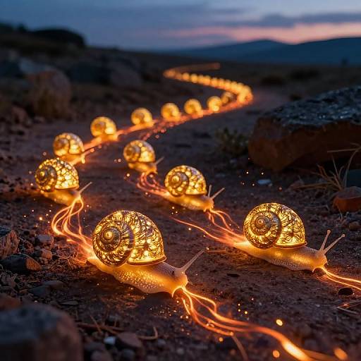 Photograph of glowing, intricately patterned snails on a dark, rocky path at dusk, with their illuminated trails creating a magical, ethereal