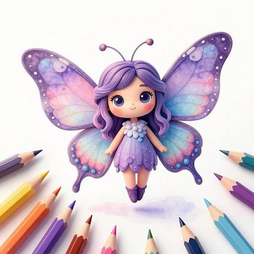 Cute chibi-style fairy doll with purple hair, large purple eyes, and colorful butterfly wings, surrounded by colorful pencils. Digital art.