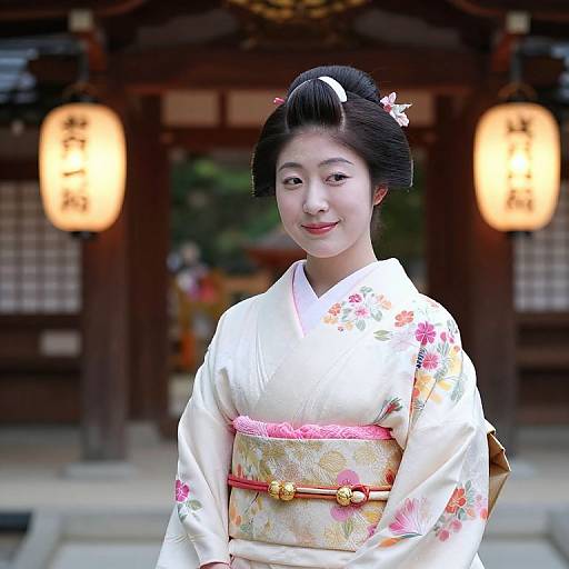 Photograph of a smiling Japanese woman in a white floral kimono with pink obi, black hair in an updo, standing in front of a