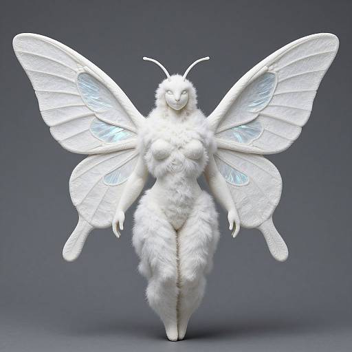 Digital sculpture of a white, furry, humanoid moth with large, translucent wings and a smooth, featureless face, standing against a dark gray background.