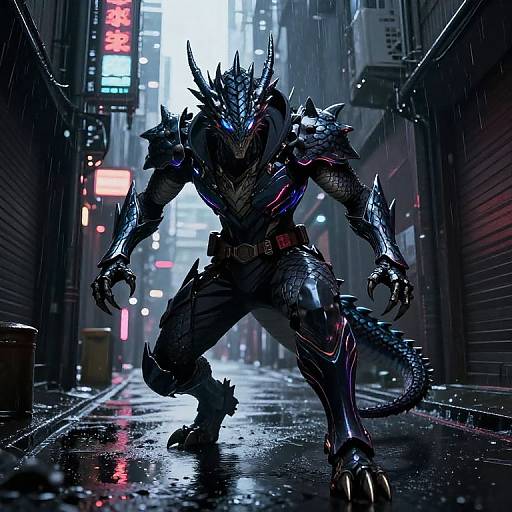 Cyberpunk-style digital artwork of a menacing, armored, dragon-like creature with glowing blue and red accents, standing in a rainy, neon-lit