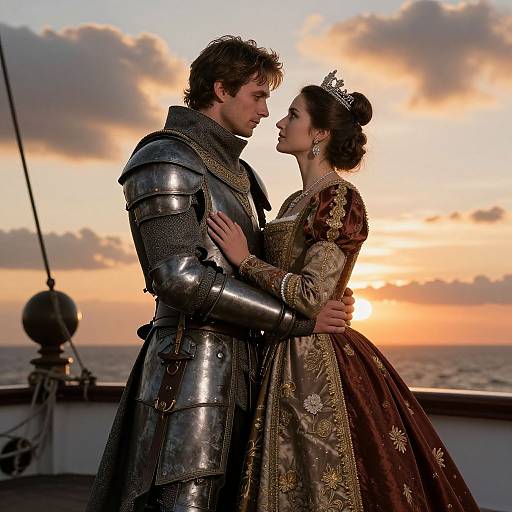 Regal Couple Embrace on Ship