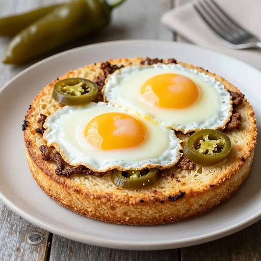 Photograph of a crispy, golden-brown pizza topped with two sunny-side-up eggs and four sliced jalapeños on a white plate.