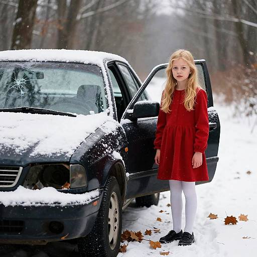 Snowy Forest Scene with Girl and Car