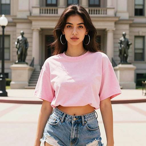 Photograph of a young woman with long dark hair, wearing a pink crop top and distressed blue jeans, standing in front of a classical building with statues