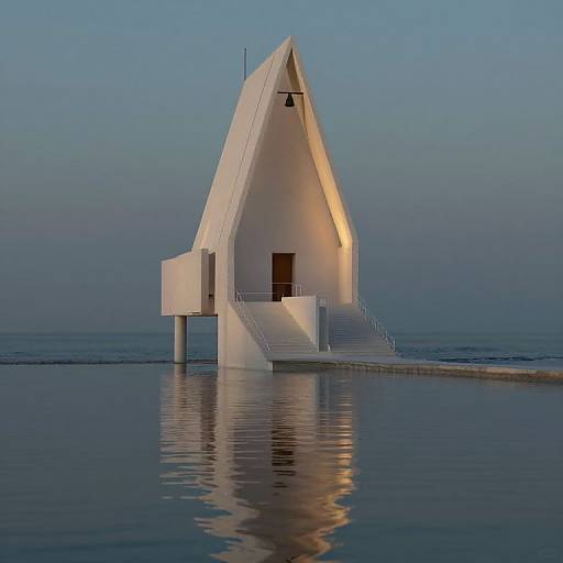 Photograph of a modern, white, triangular, A-frame building with a small staircase, reflecting in calm water at dusk.