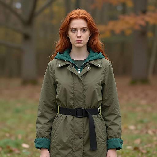 Woman in Olive Green Coat in Autumn Forest
