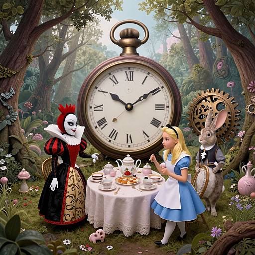 Whimsical forest scene: Alice in blue dress, white apron, and blonde hair, standing beside a clock dress-up rabbit, with a go