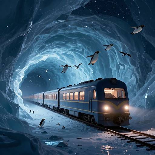 Digital artwork of a blue train traveling through a glowing, icy cave with penguins flying above, illuminated by swirling blue light.