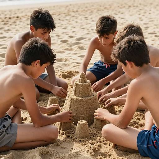 Photograph of five shirtless boys with short brown hair, building a large sandcastle together on a sunny beach.