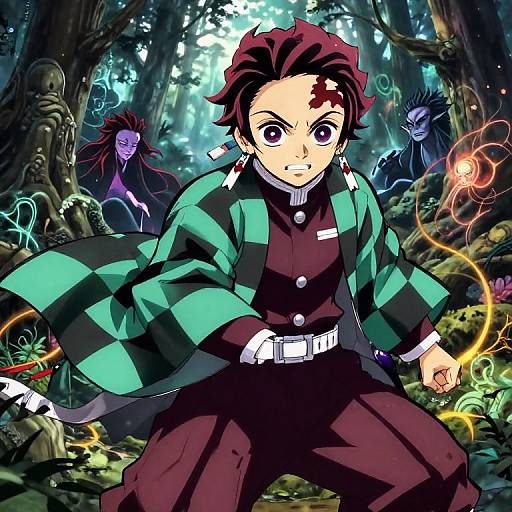 Anime-style digital drawing of a red-haired boy in a green-and-black checkered jacket, standing in a forest with glowing, colorful spirits.