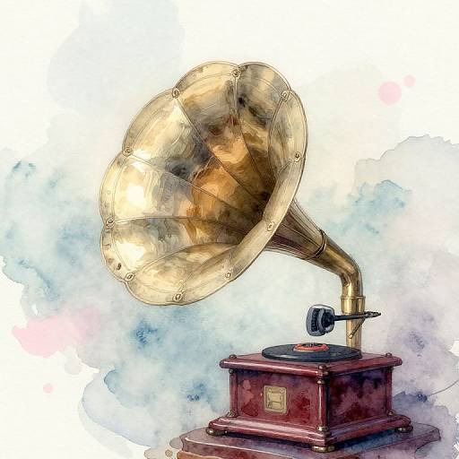 Watercolor painting of a vintage, brass, cone-shaped gramophone with a red wooden base, set against a blue and white watercolor background.