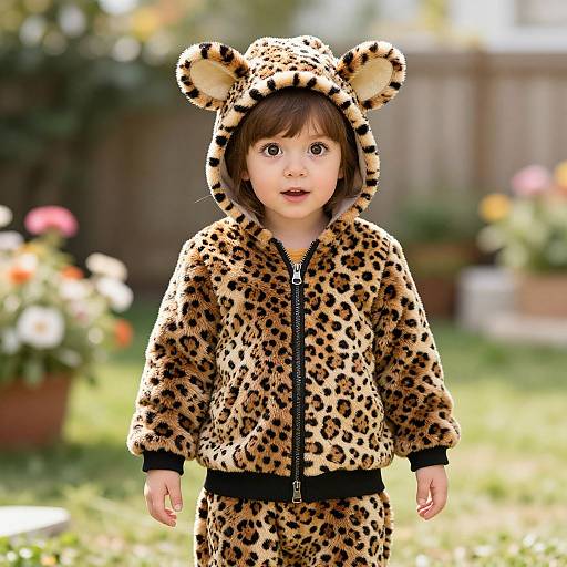 Photograph of a young child with wide eyes, wearing a leopard-print hooded onesie with bear ears, standing in a sunlit garden with blurred
