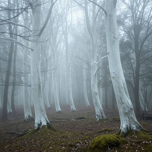 Photograph of a misty forest with tall, white-barked trees, bare branches, and moss-covered roots, creating a surreal, ethereal atmosphere