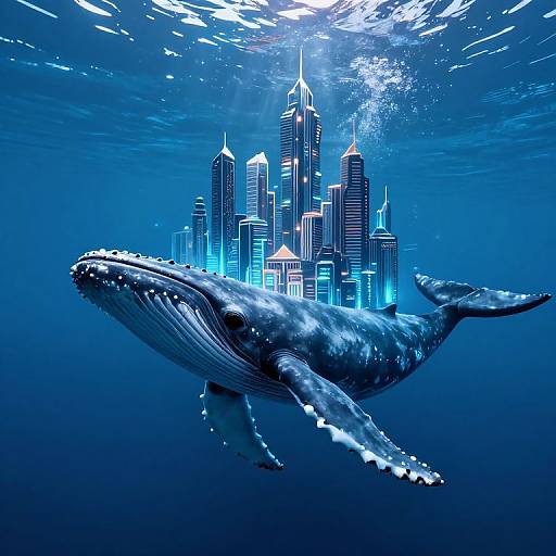 Digital artwork of a massive blue whale swimming beneath a glowing, futuristic cityscape of skyscrapers, illuminated by underwater light.