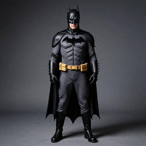 Photograph of a muscular Batman figure in black armored suit, yellow belt, bat emblem, black cape, and mask, standing against a dark, gradient