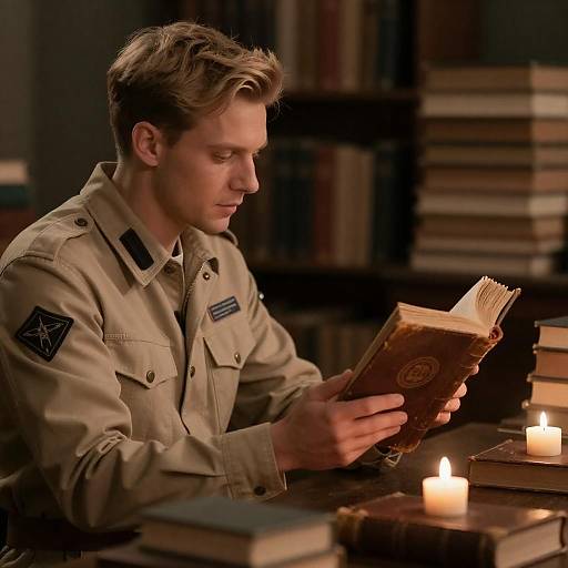 Man Reading Leather-Bound Book by Candlelight
