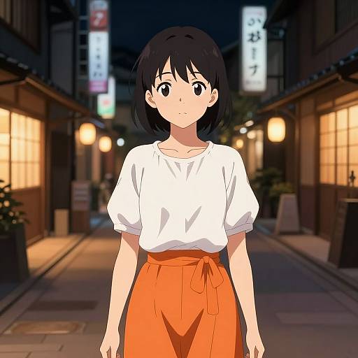 Anime-style digital drawing of a young woman with short black hair, white shirt, and orange hakama, standing in a dimly lit, narrow Japanese