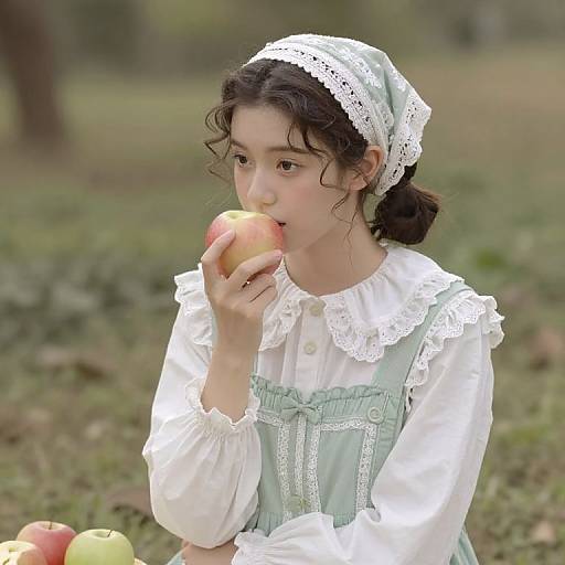 Vintage Girl Eating Apple in Countryside