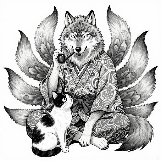 Majestic Wolf with Nine Tails in Kimono