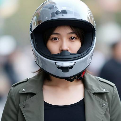 Photograph of an Asian woman wearing a shiny silver helmet, black face mask, green jacket, and black shirt, with a blurred urban background.