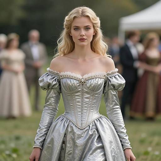 Blonde Woman in Silver Medieval Dress