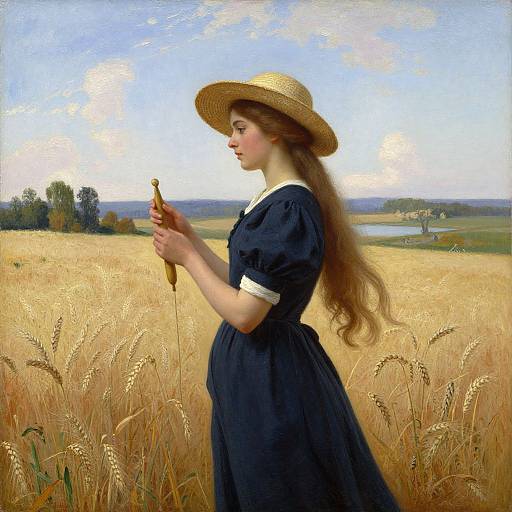 Photorealistic painting of a young woman with long brown hair, wearing a straw hat and navy dress, holding wheat, standing in a golden wheat field