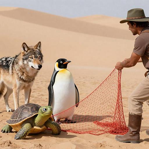 Man Rescuing CGI Animals from Net in Desert