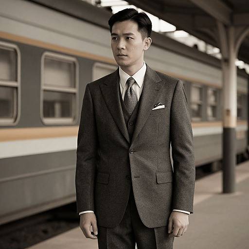 Photograph of a serious, Asian man in a dark gray suit, white shirt, and patterned tie, standing on a train platform. Background: