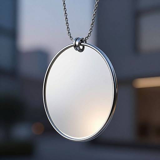 Photograph of a round, silver pendant with a reflective, blank surface, hanging on a delicate chain, against a blurred urban background at dusk.