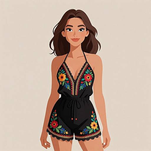 Bohemian Woman in Embroidered Romper