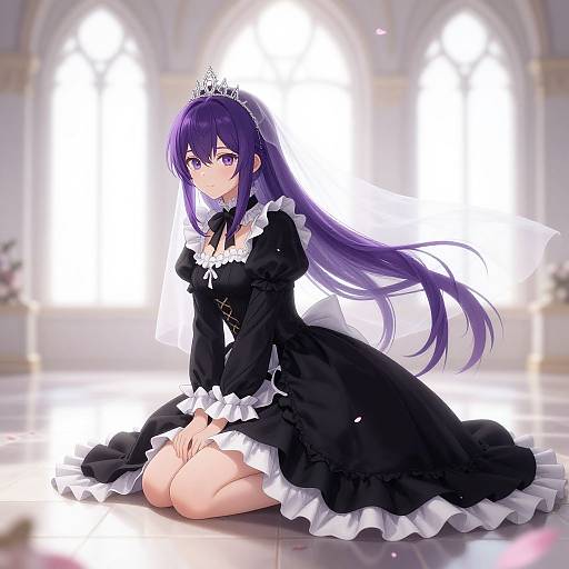 Anime-style drawing of a purple-haired girl in a black gothic lolita dress with white frills, kneeling in a bright, glowing church. She
