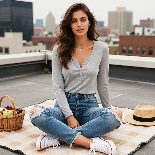 Stylish Pear-Shaped Woman on Rooftop