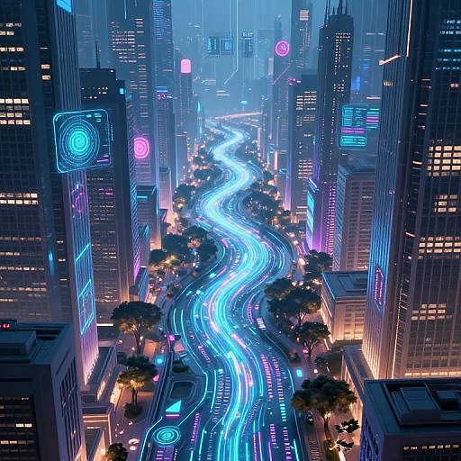 Digital CGI artwork of a neon-lit, futuristic city street with glowing blue lights tracing a winding road between towering skyscrapers.