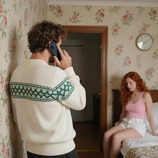 Man on Phone and Woman Sitting in Floral Room