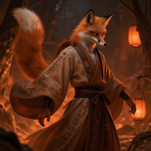 Digital artwork of a fierce, anthropomorphic fox in a traditional Japanese kimono, standing amidst a glowing, fiery forest with lanterns.