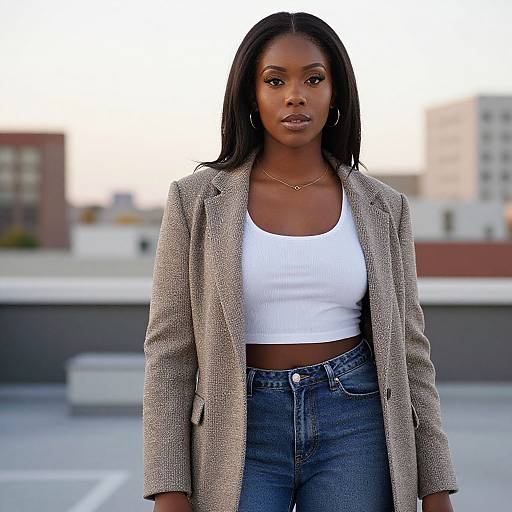 Photograph of a confident Black woman with dark skin and straight black hair, wearing a beige textured blazer, white ribbed crop top, and blue