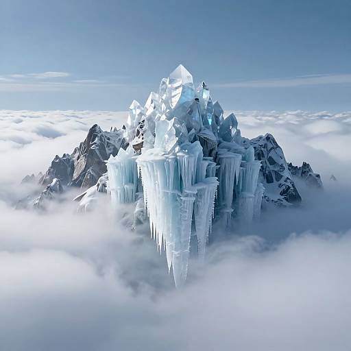 Photograph of a towering, icy mountain peak with large icicles hanging from jagged edges, surrounded by dense, white clouds under a clear blue sky