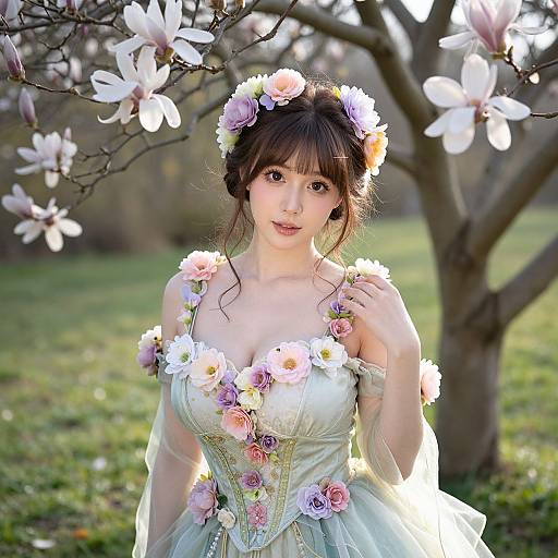 Photograph of a fair-skinned, East Asian woman with dark hair, wearing a floral headband and dress adorned with pastel flowers, standing in