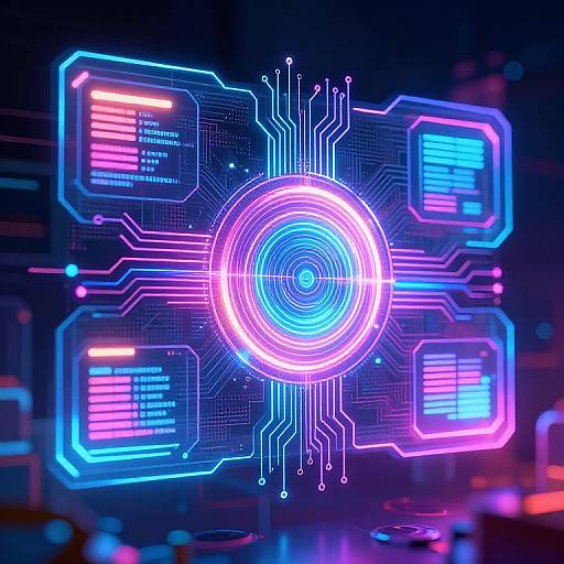 Neon-lit digital circuit board with vibrant pink, blue, and purple glowing lines and circles, set against a dark background. CGI graphic.