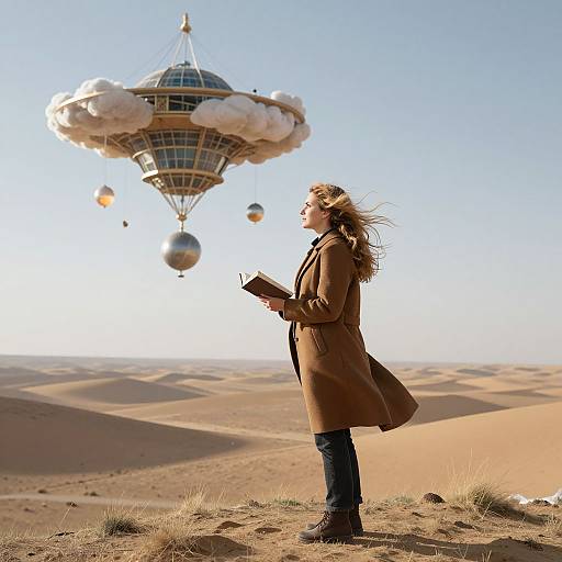 Photograph: Blonde woman in brown coat and blue jeans stands in desert, looking up at floating, cloud-shaped airship with balloons.