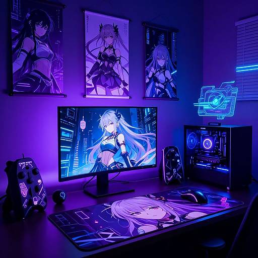 Neon-lit gaming setup with purple and blue LED lights, anime posters, monitor displaying anime girl, keyboard, mouse, and plush toys.