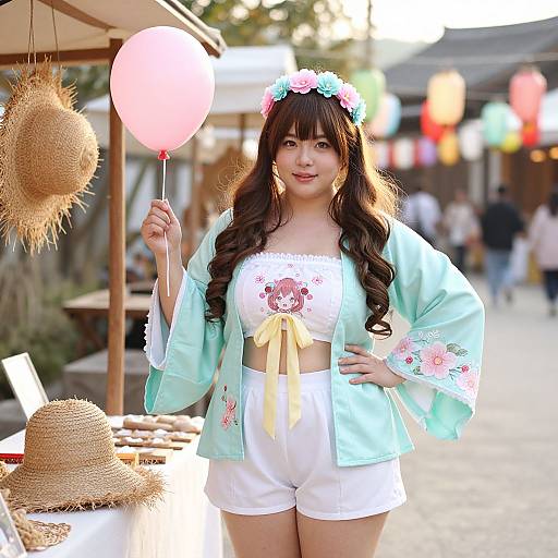 Kawaii Festival Woman in Floral Outfit