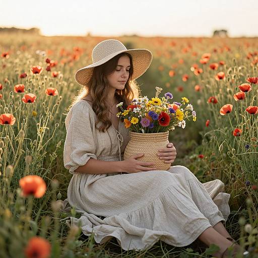 Photograph of a serene woman with wavy brown hair, wearing a white dress and sunhat, holding a wicker basket of colorful wildflowers,