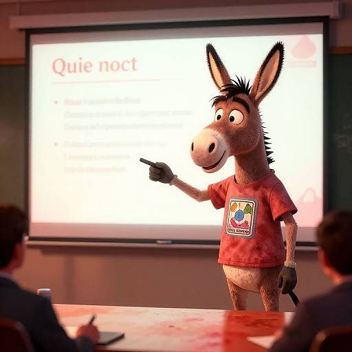 Digital CGI image of a cartoon donkey in a red T-shirt with a colorful logo, pointing at a bright projector screen showing 