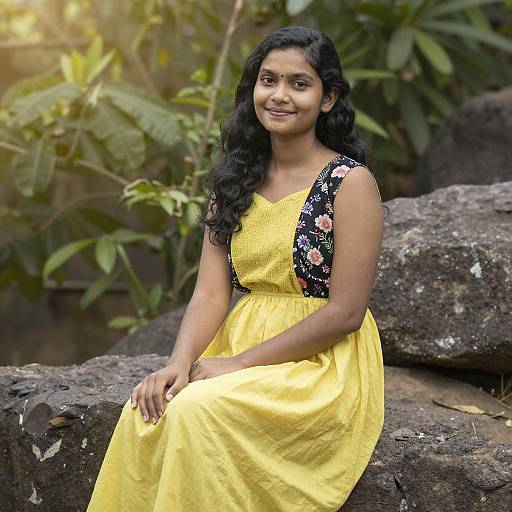 Photograph of a smiling Indian woman with long black hair, wearing a yellow dress with floral black sleeves, sitting on large rocks in a lush, green
