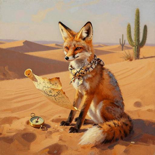 Digital painting of a red fox in a desert, wearing a necklace, holding a map, and sitting beside a compass, with cacti in the