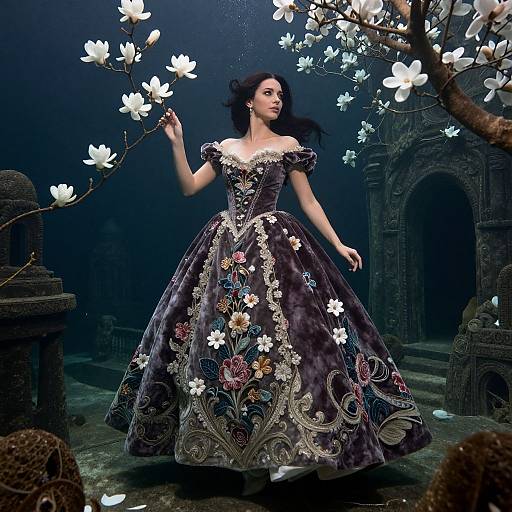 Elegant woman in elaborate, purple floral ball gown with off-the-shoulder neckline, surrounded by glowing white blossoms, against dark, ancient stone