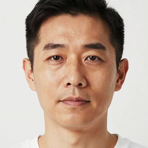 Close-up photograph of an Asian man with short black hair, light skin, brown eyes, and a neutral expression, wearing a white shirt against a plain