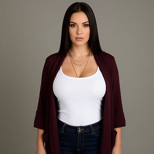 Photograph of a woman with long black hair, wearing a white tank top, black cardigan, and dark jeans, with gold necklaces, against